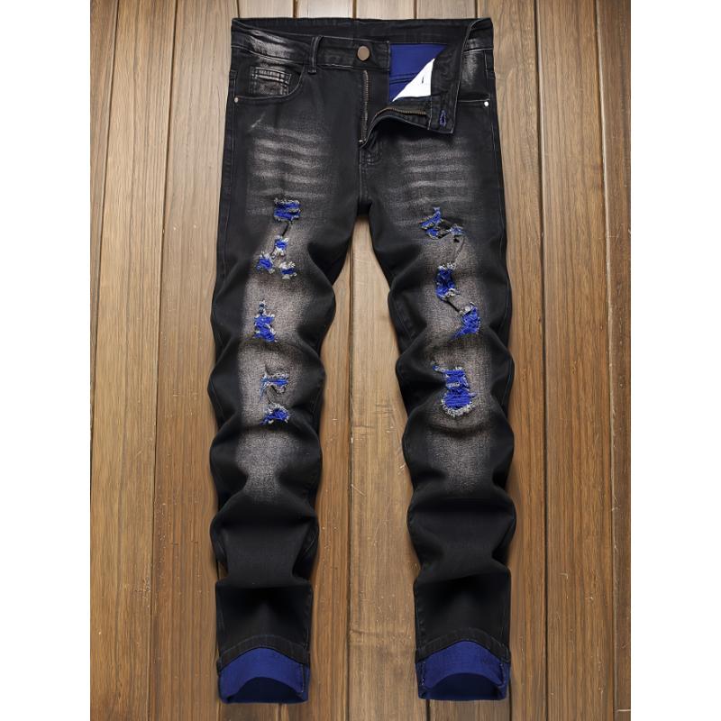 Men's Slim-Fit Ripped Black Jeans - Stretch Denim with Distressed Detail, Machine Washable