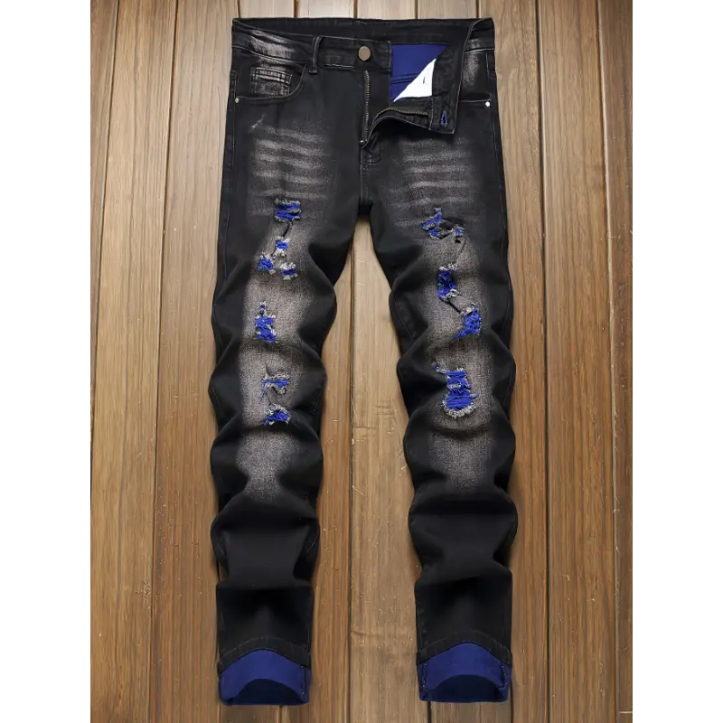 Men's Slim-Fit Ripped Black Jeans - Stretch Denim with Distressed Detail, Machine Washable
