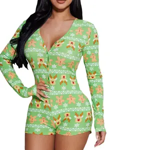 Women's Christmas Long Sleeve Pajama Bodysuit, Button V Neck Printed Long Sleeve Bodysuit, Holiday One-Piece Cropped Bodysuit Home Clothes