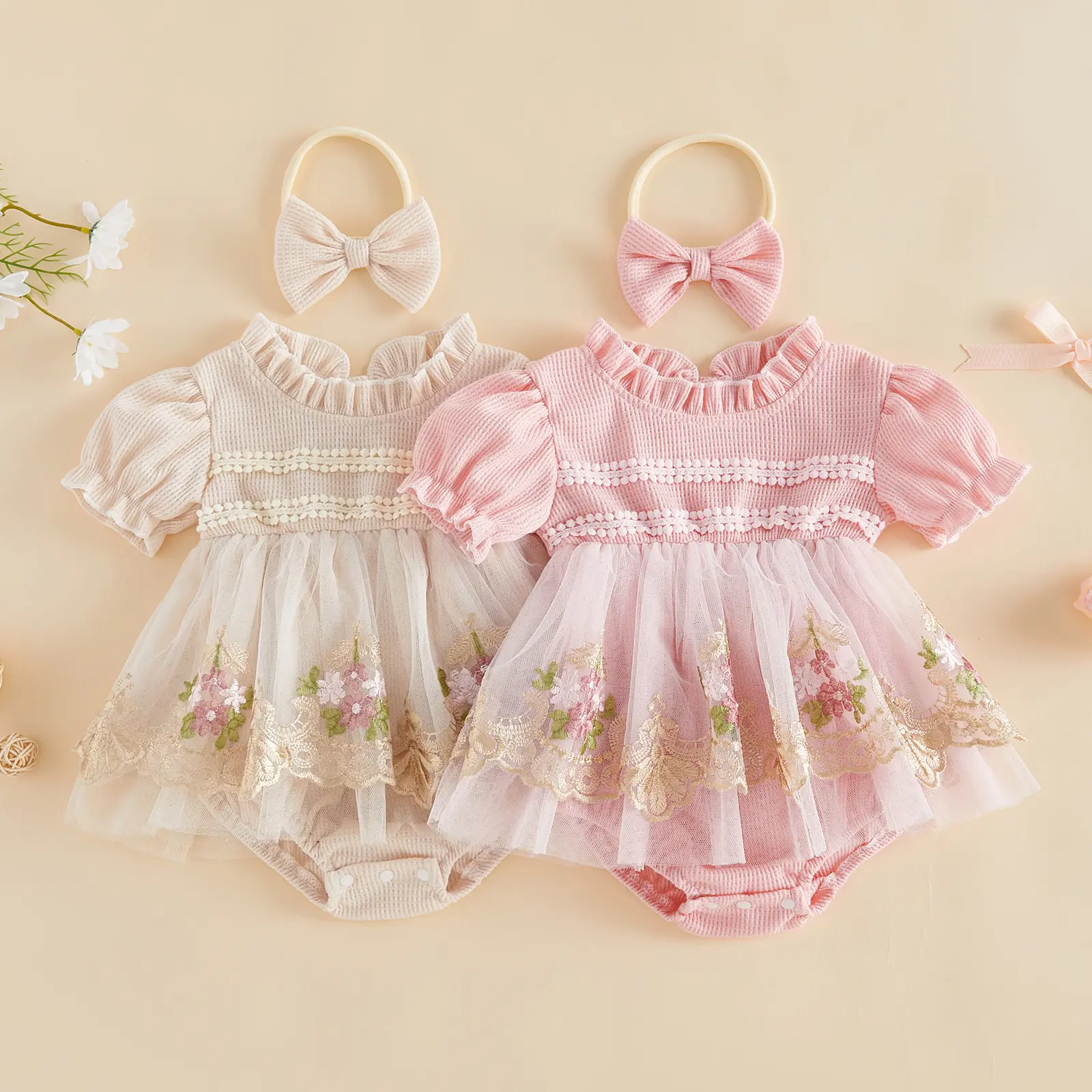 Canrulo Summer Baby Girl Clothes Floral Embroidery Layered Tulle Short Sleeve Romper Dress And Bow Headband Set Newborn