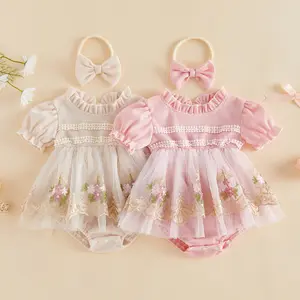 Canrulo Summer Baby Girl Clothes Floral Embroidery Layered Tulle Short Sleeve Romper Dress And Bow Headband Set Newborn