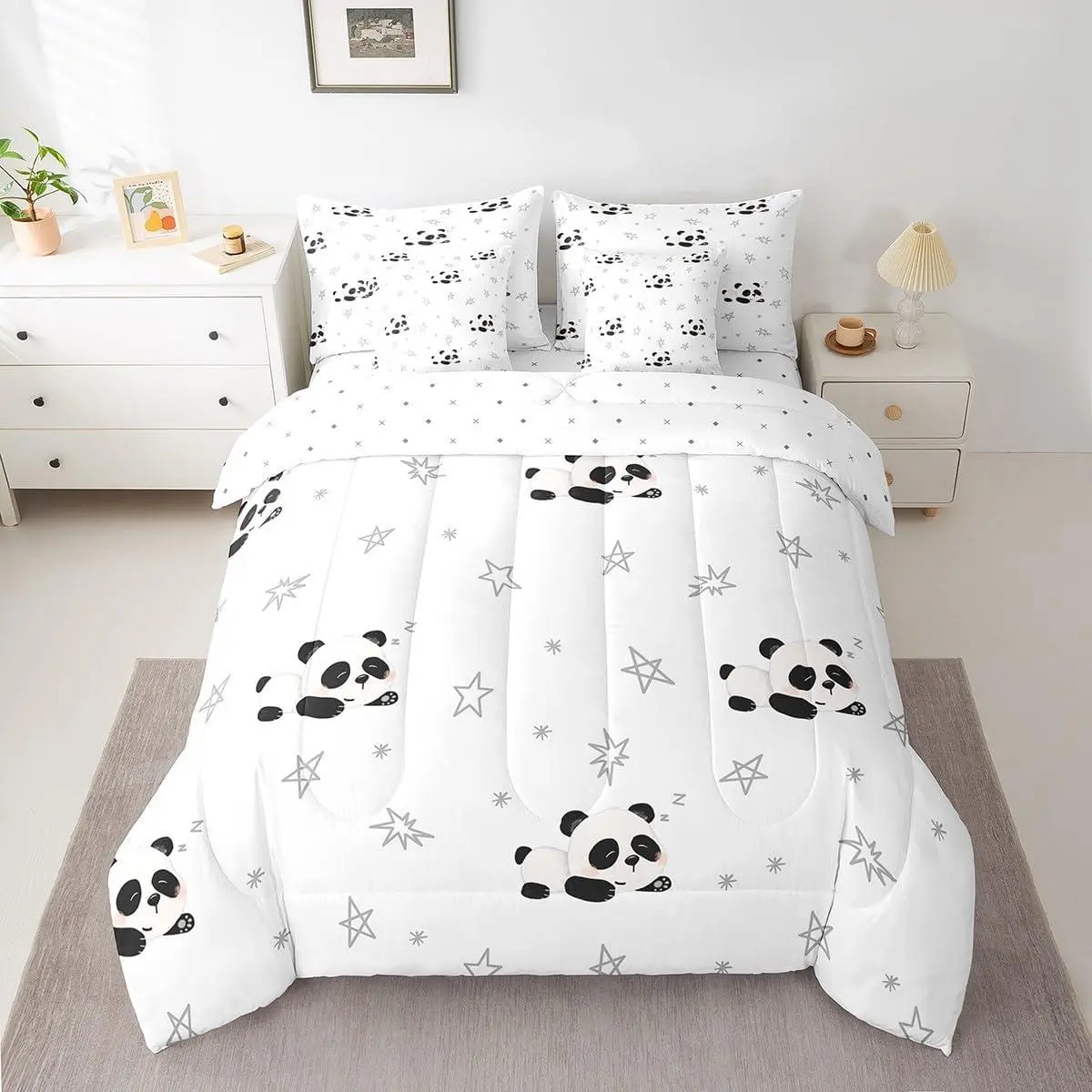 Cartoon Comforter Set with Sheets 7 Piece Cute Animal Bed in a Bag Kawaii Bedding Set Breathable Panda Bear Printed Black White Bed Set Room Decor