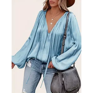 Women's Elegant Solid Polyester Blouse - Chic V-Neck with Tie Detail, Draped Long Lantern Longsleeves, Ruched Accent, Loose Fit Casual Top, Versatile All-Season Shirting Fabric