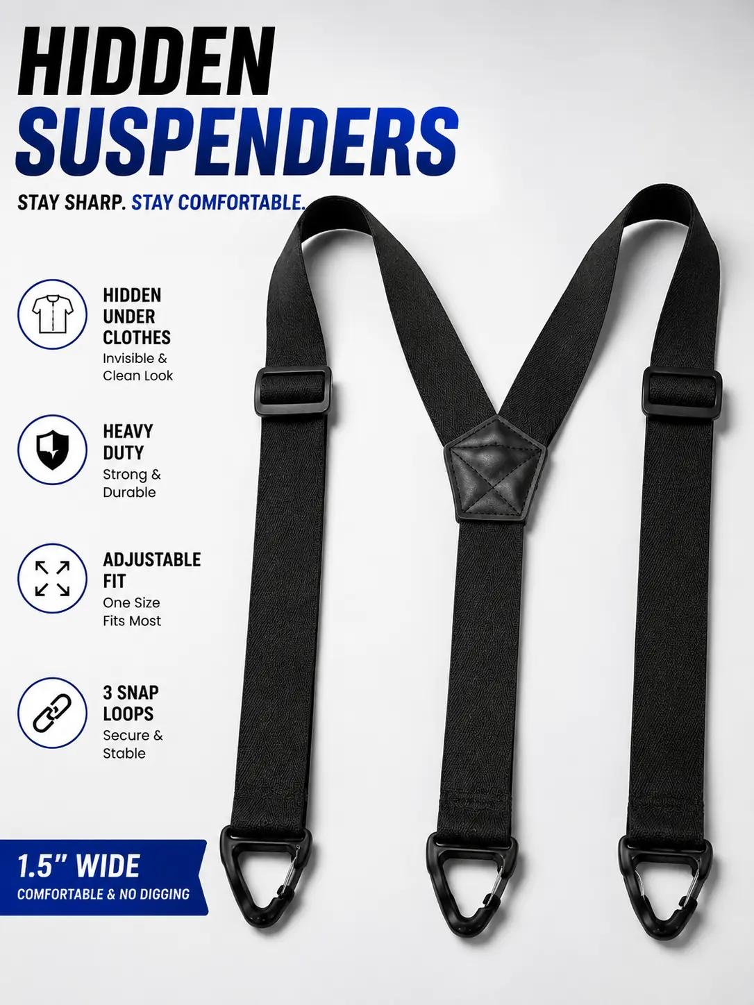 Hidden Suspenders for Men Under Clothes with 3 Snap Loop (1.5" Wide)for Men Women heavy duty work outdoor Adjustable Durable