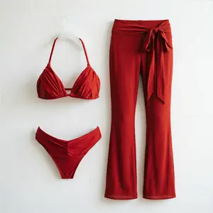 2026 classic triangle bikini set with tie straps and a chest-separating design; fashionable, sexy low-rise two-piece swimsuit set with long pants; casual vacation beach swimwear and hot spring wear.