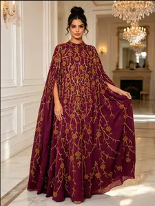Elegant Muslim Women's Abaya Dress, Embroidery Abaya, Floral Embellished Abaya, Embroidered Chiffon Batwing Sleeve, Loose Fit Evening Gown, Luxury Kaftan, Spring Summer Fashion