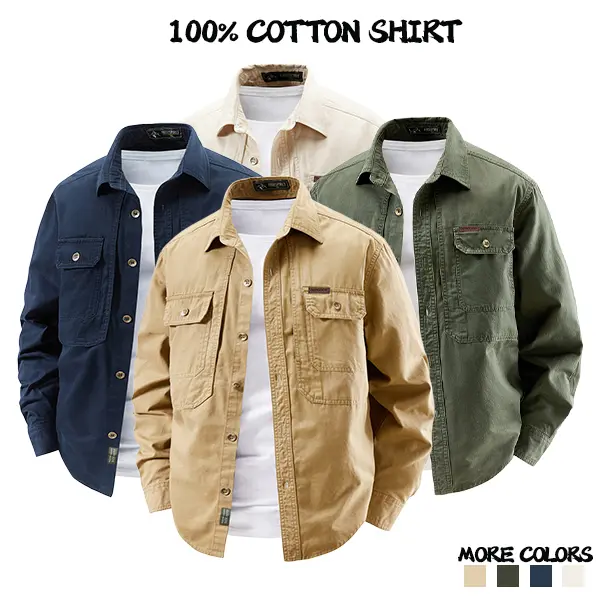 Men’s Pure Cotton Plain Classic Retro Button-Down Long-Sleeve Cargo Shirt Tops - Straight-Fitted, Turn-Down Collar, 1 Pocket, Moisture-Wicking, Skin-Friendly Fabric, Minimalist Detail, Workwear, Everyday Wear, Suitable for Day Outdoor & Light Business
