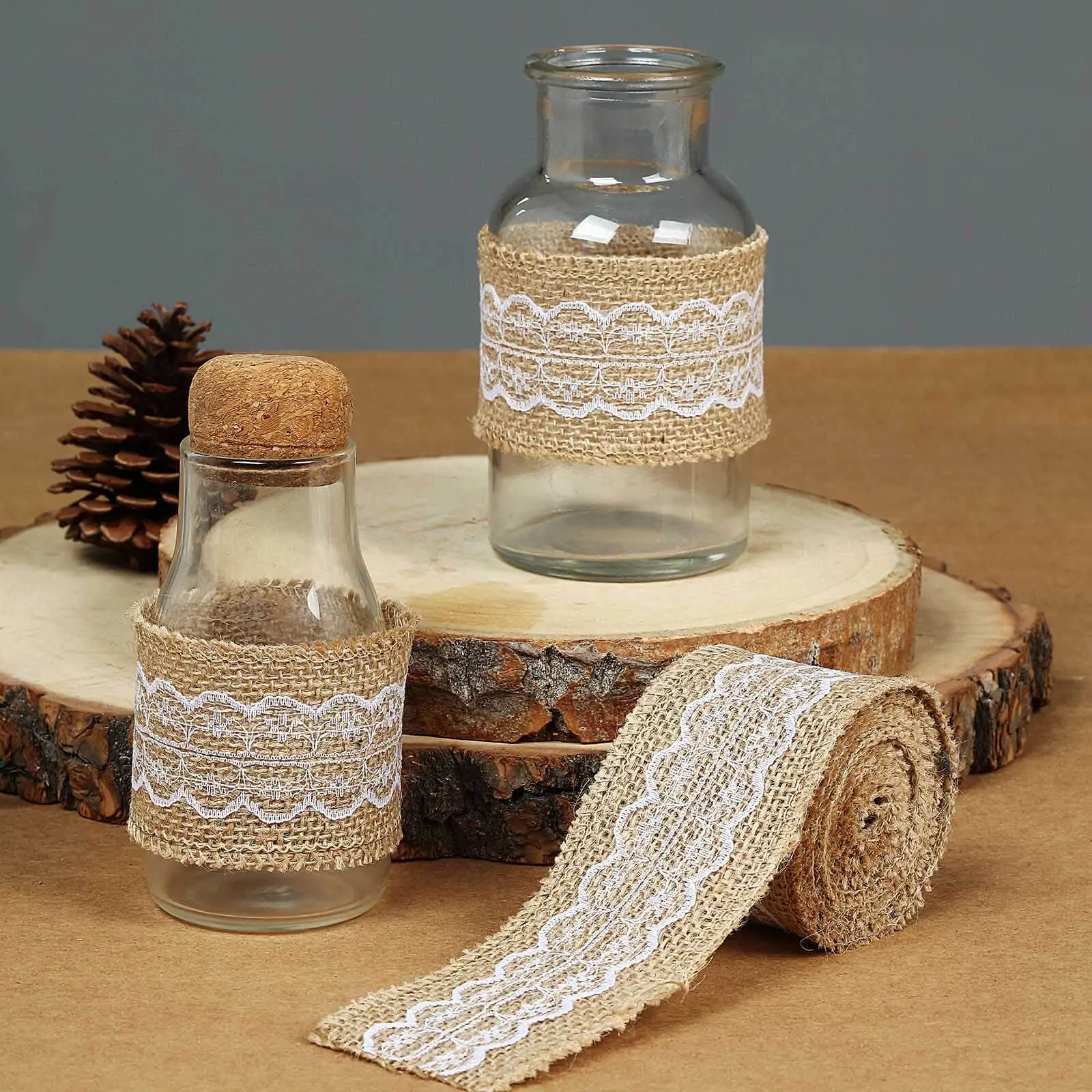 Natural Jute Burlap Ribbon with Wavy Lace, Ribbon Design Sewing Accessory, 2" x 16FT