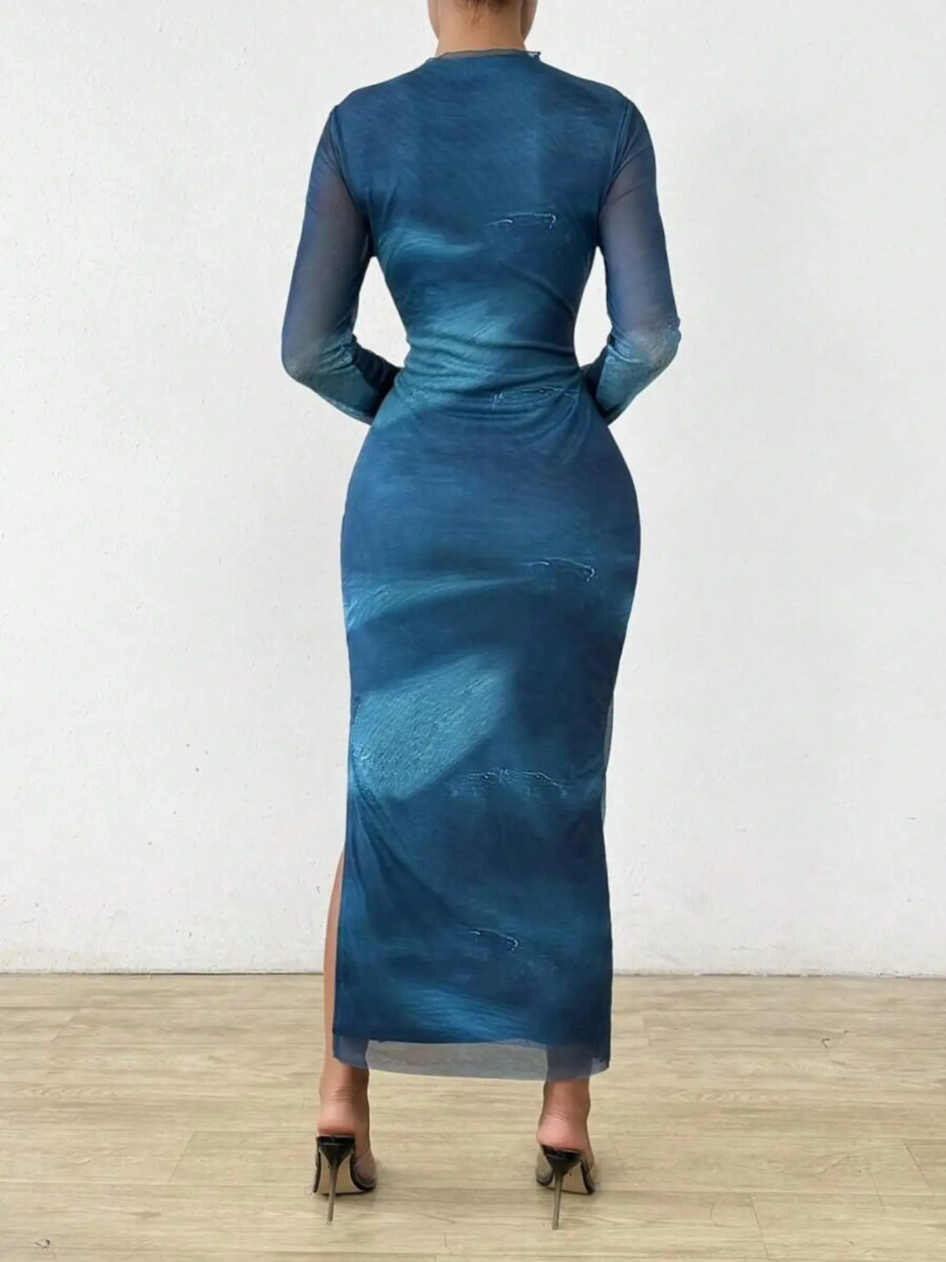 knee length dresses for ladies Mesh Long Sleeve Ruched Draped Midi Dress main image 1