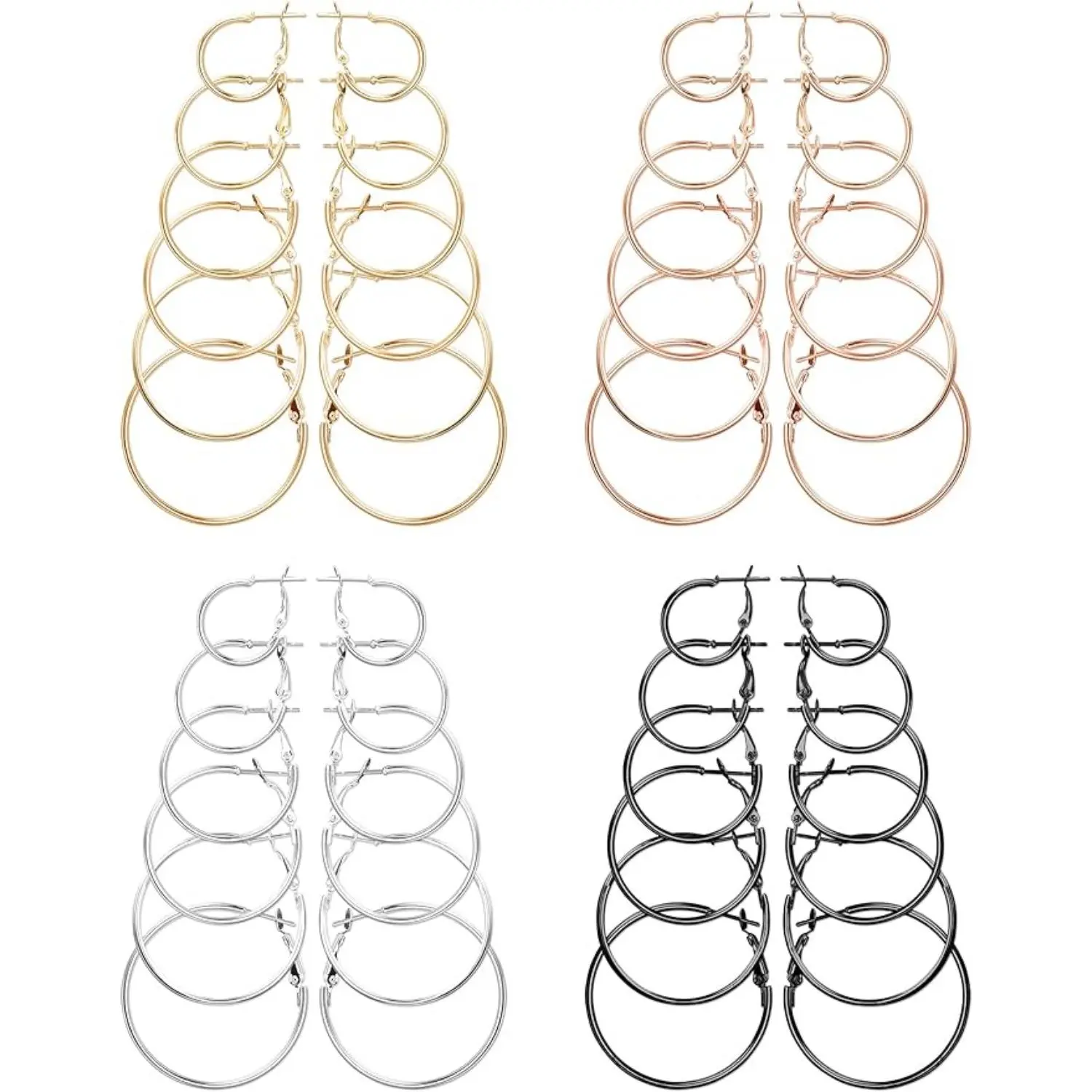 MILACOLATO Female Alloy Hoop Earrings for Daily Wear - 24 Pairs Multi-Size Big Circle Earring Pack (25mm-50mm), Great Value Jewelry, Birthday Party Gift