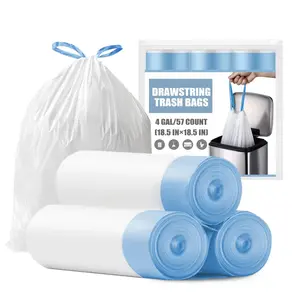 Small Trash Bags 4 Gallon Drawstring 4 Gal Small Garbage Bags Tear-Free Unscented White 57 Count 18.5x18.5 Inch Drawstring Trash Bags