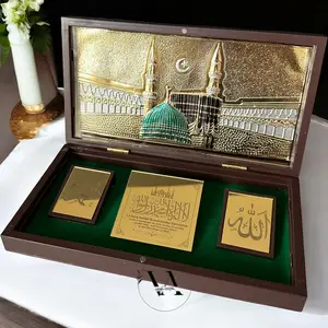 Islamic Gift Set with Gold Plated Makkah Madinah Display Muslim Home Decor Ramadan Eid Gift Kaaba Green Dome Art in Velvet Box Metal, Religious home decoration