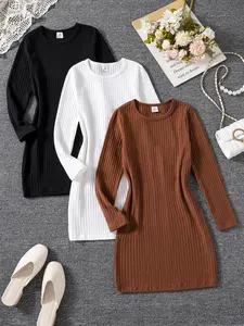 Girls' Fashion Knit Long Sleeve Dress Set, Casual Round Neck Pullover, Fall Winter Solid Color Clothing, 3-Piece Pack, Crewneck Dress