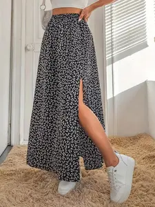 Women's Ditsy Floral Print Split Thigh Elastic Waist Fit A Line Skirt, Boho High Waist Long Skirt for Beach Holiday Vacation, Ladies All Seasons Clothes