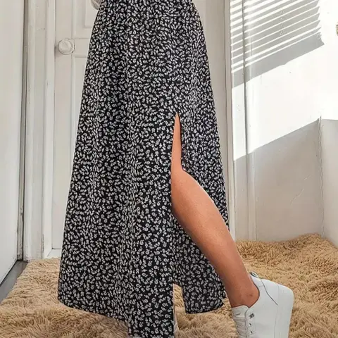Women's Ditsy Floral Print Split Thigh Elastic Waist Fit A Line Skirt, Floral Pattern Skirt, Boho High Waist Long Skirt for Beach Holiday Vacation, Ladies All Seasons Clothes, Bohemian, Bottom, Womenswear, Casual, Boho Skirts, Boho Fashion Skirt