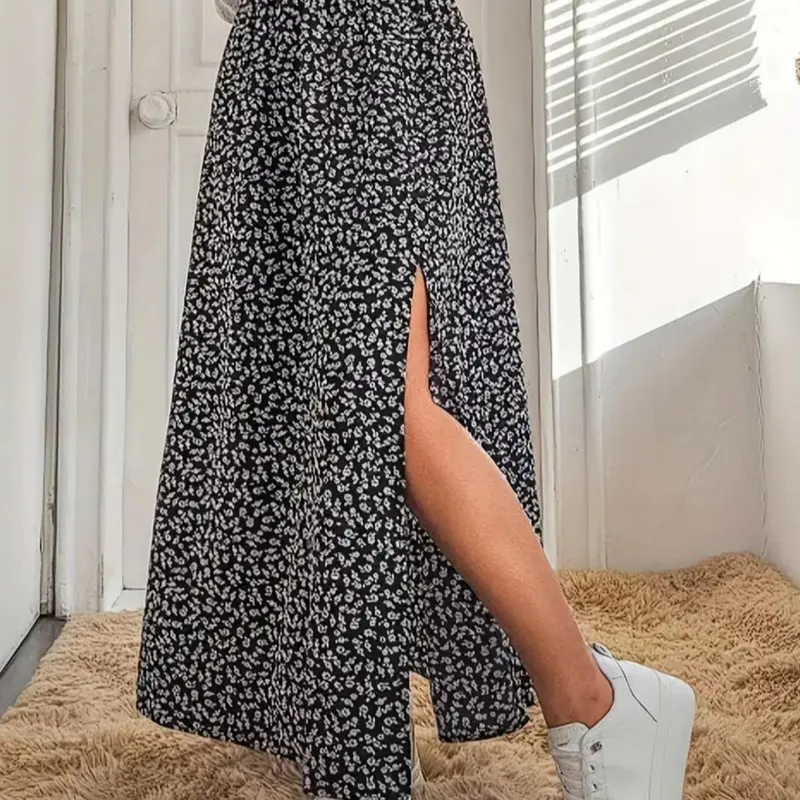 Women's Ditsy Floral Print Split Thigh Elastic Waist Fit A Line Skirt, Floral Pattern Skirt, Boho High Waist Long Skirt for Beach Holiday Vacation, Ladies All Seasons Clothes, Bohemian, Bottom, Womenswear, Casual, Boho Skirts, Boho Fashion Skirt
