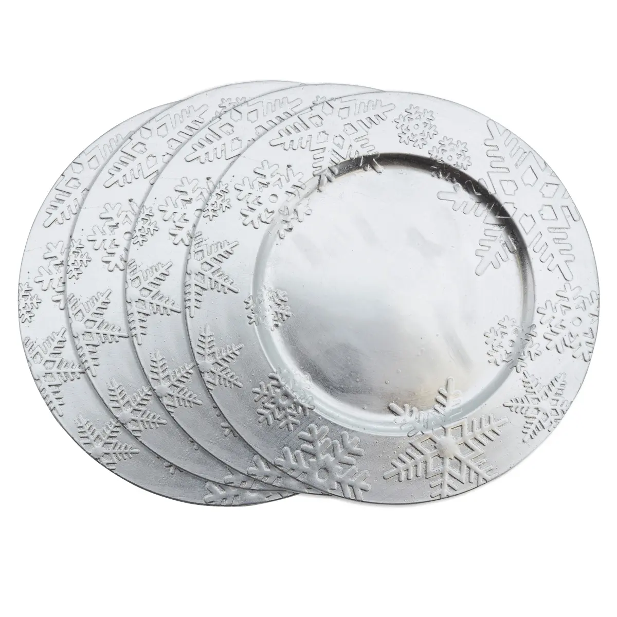 212 MAIN SARO CH332.S13R 13 in. Round Silver Embossed Winter Snowflake Plastic Charger Plates - Set of 4, Kitchen Display Plates for Festive Holiday Use, Plastic Plates