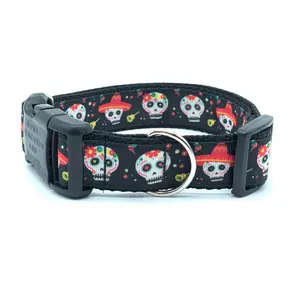 Black Sugar Skull Day of the Dead Dia De Los Muertos Dog Collar