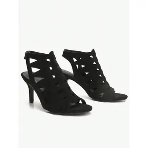 ✨ Boss Lady Black Cutout Heels! Suede texture + geometric cutouts, open-toe slims feet, back strap for stability, perfect for parties & dates!