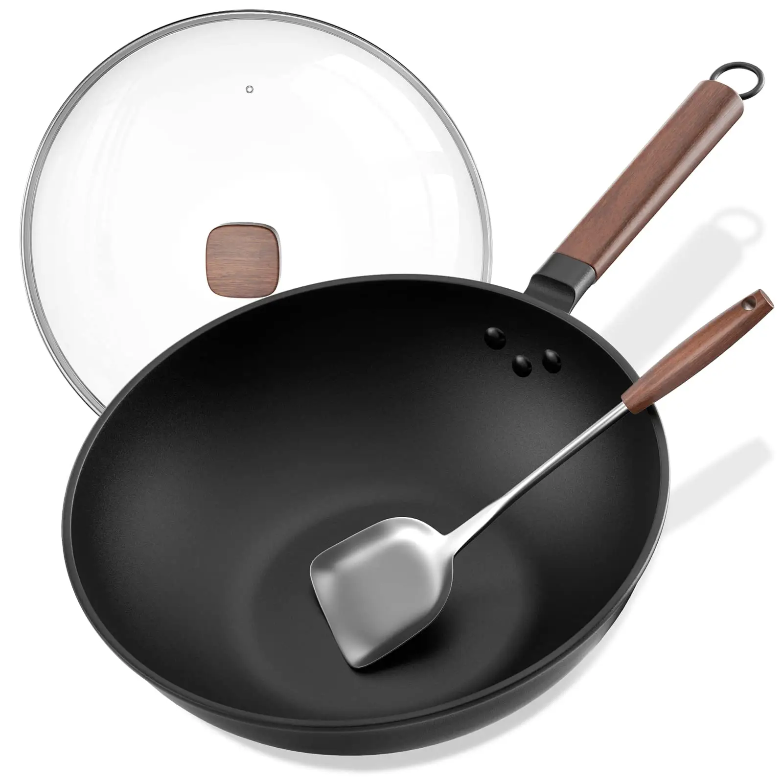 Carbon Steel Wok, 13 Inch Wok Pan with Lid and Spatula, Nonstick Woks and Stir-fry Pans, No Chemical Coated Flat Bottom Chinese Wok for Induction, Ele