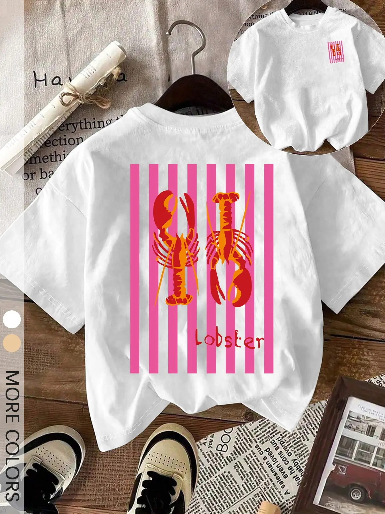 Women's Vintage Pink Striped Lobster Animal Print Graphic Short Tee Sleeves, Womenswear Casual Top For Beach & Daily Wear