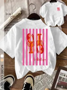 Women's Vintage Pink Striped Lobster Animal Print Graphic Short Tee, Casual Top For Beach & Daily Wear
