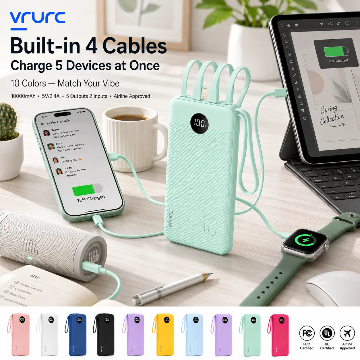 VRURC 10000mAh T116 Power Bank with 4 Built-in Cables USB-C USB-A Type-C LED Display Charging Protection Multi-Device Battery Pack for iPhone Samsung Android Tablet iPad Earbuds Smartphone Black Green Compact Portable-Green