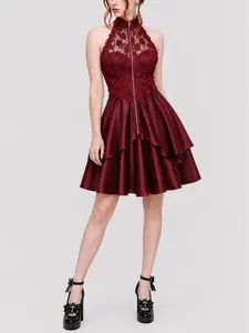 Rgothic Women's Gothic Rose A-Line Polyester Dress - Sleeveless Mini, Lacy Appliques, Ruffles, Elegant Formal, for Cocktail Party & Daily Wear, Fall Fashion Rose-Themed Ruffles Casual Dress
