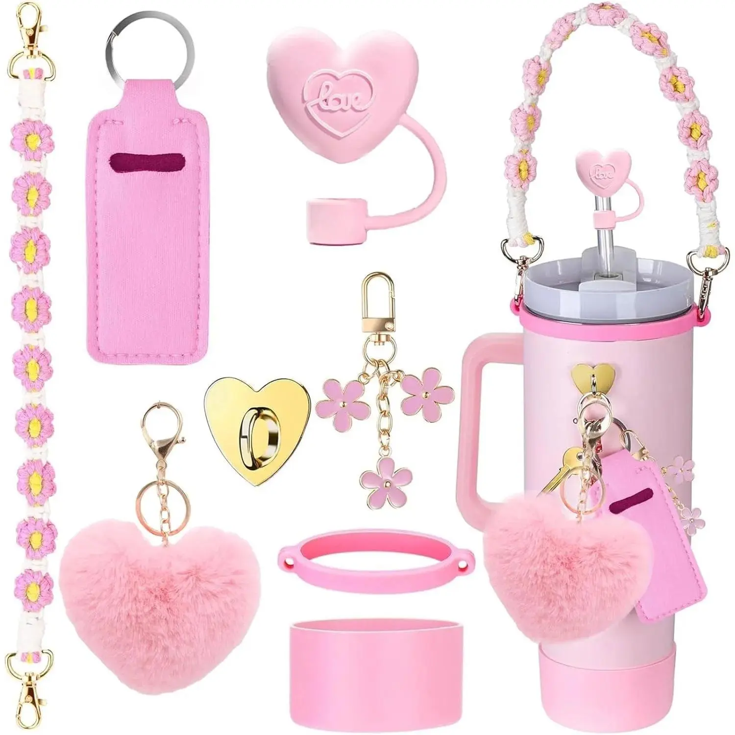 Cup Accessories Set for Stanley Cup 40oz 30oz Tumbler, Including Water Bottle Handle Strap, Silicone Spill Proof Stopper, Silicone Cup Boot, 2 Pcs Charms, Pink