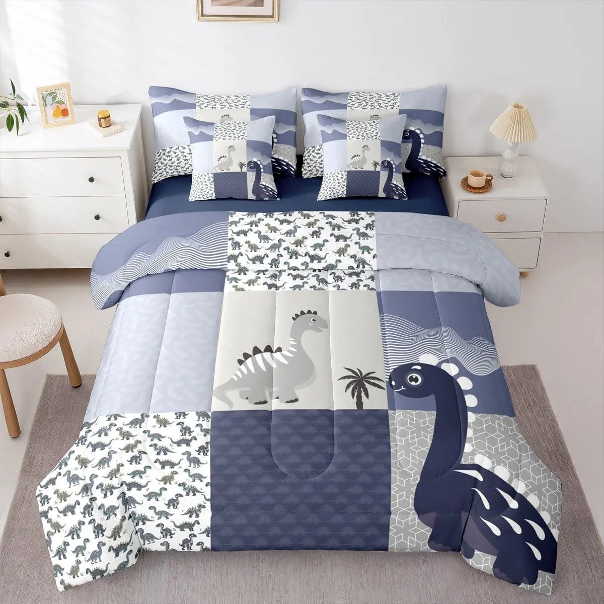 Cute Dinosaur 7 Piece Bedding Set Dark Blue Dinosaur Comforter Set with Sheets Geometric Pattern Bed in a Bag Animal Theme Bed Set Soft Lightweight