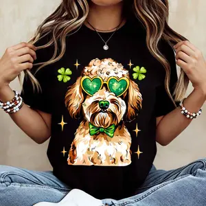 Cute Dog With Green Heart Sunglasses And Clover Print T Shirt White Crew Neck Casual Wear For St Patrick's Day