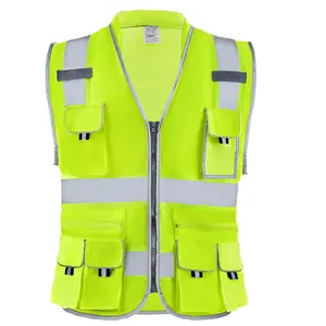 fathersdaygift VEVOR Safety Vest, 10 Pockets Yellow Safety Vest, Hi Vis Zipper Front Safety Vest with Reflective Strips, High Visibility Work Construction Vest with Pockets and Walkie-Talkie Clip, for Men Woman