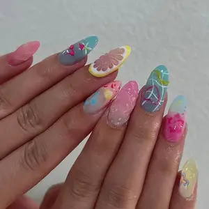 Vibrant French Heart Ice Flower Removable Nail Art, Nail Art Supplies, Floral Motifs, 24pcs Press on Nails, Single Item, No Ca Prop 65 Warning