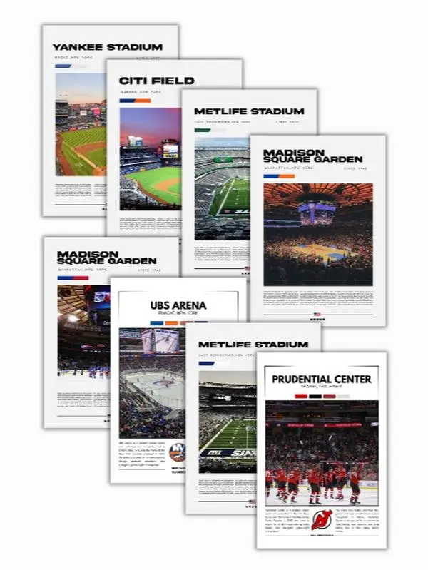 NYC Sports Venues Complete Collection 8 Iconic Stadiums Minimalist Magazine Posters Must-Have For MLB NBA NFL NHL Fans