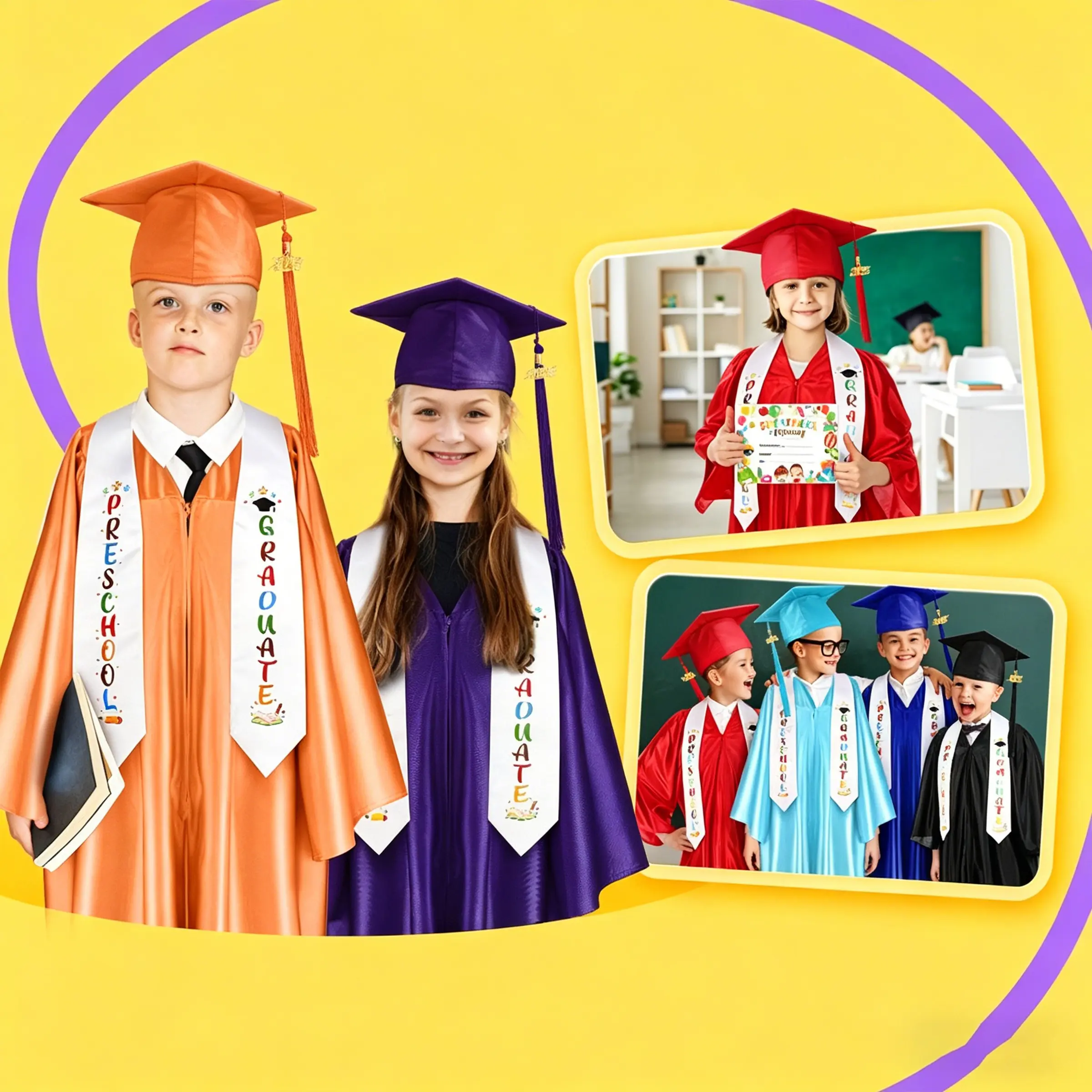 Preschool Kids Graduation Gown Set, Elastic & Breathable Kindergarten Bachelor Gown, Glossy Knitted Roller Wool Fabric, Soft Comfortable Toddler Graduation Outfit, Complete with Gown, Cap, Tassel Sash and Graduation Card for May-July Graduation Ceremony