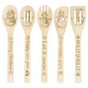 5pcs Christmas Bamboo Kitchen Christmas Utensil Set, Kitchen Bamboo Decorative Wooden Cooking Tool Set for Cooking, Birthday Thanksgiving Xmas Gift Giving Spoons and Spatulas, Kitchen Christmas Supplies, Holiday Gift Kitchen Utensils Set