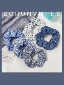 5-Pack Ocean Blue Polka Dot Pig Tail Hair Ties, Korean Style Plaid Headbands, Simple Bun Hair Accessories, All Seasons