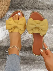 Women's Flat Bottom Rhinestone Bow Sandals, Lightweight Cloth Outdoor Slippers, Pure Color Comfortable Summer Shoes