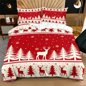Christmas Reindeer and Pine Stripe Pattern, soft and durable bedding set, includes 1 cover and 1 or 2 pillowcases,free of cotton core, perfect as a Christmas holiday gift