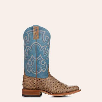 Cavender's Men's Endurance Blue and Sand Ostrich Print Wide Square Toe Cowboy Boots