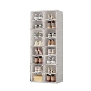 Portable Shoe Rack Organizer, Stackable Sneaker Organizer Cabinet with Magnetic Door, Folding Design, Clear Plastic Storage Container, 8 Tier 16 Pairs (Clear) - S2-S16-D8