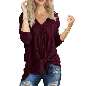 JWD Womens Loose Blouse Long Sleeve V Neck Button down T Shirts Tie Front Knot Casual Tops Wine Red L JWD