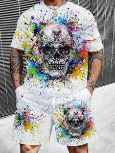 Men's Large Size 2-Piece Set, Skull Print Round Neck T-Shirt & Drawstring Shorts, Casual Loose Fit, Polyester Knit Fabric, All Seasons