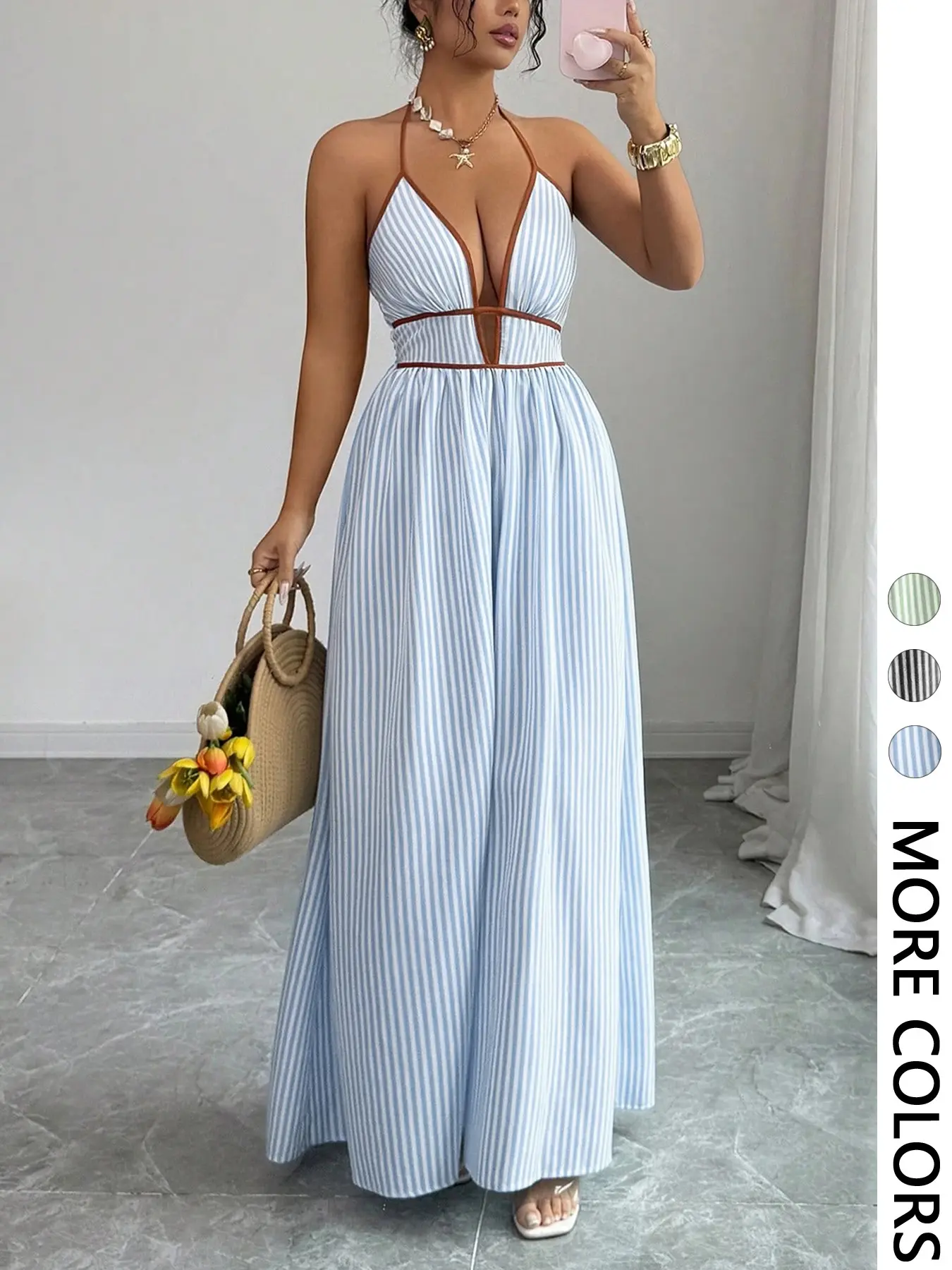 Women's Striped Halter Dress Womenswear, Deep V Cutout Colorblock Sleeveless Long Beach Dress Beachwear, Summer Vacation Style, Elegant and Chic Design, Bohemian Summer Dress, Bohemian Sun Dress