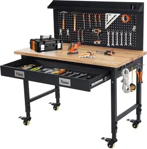 Garvee 122x61cm Adjustable Workbench with Drawer, Height Adjustable Work Table with Led Lights & Power socket, Heavy Duty Steel Workstation, Work Benches for Garage, Workshop