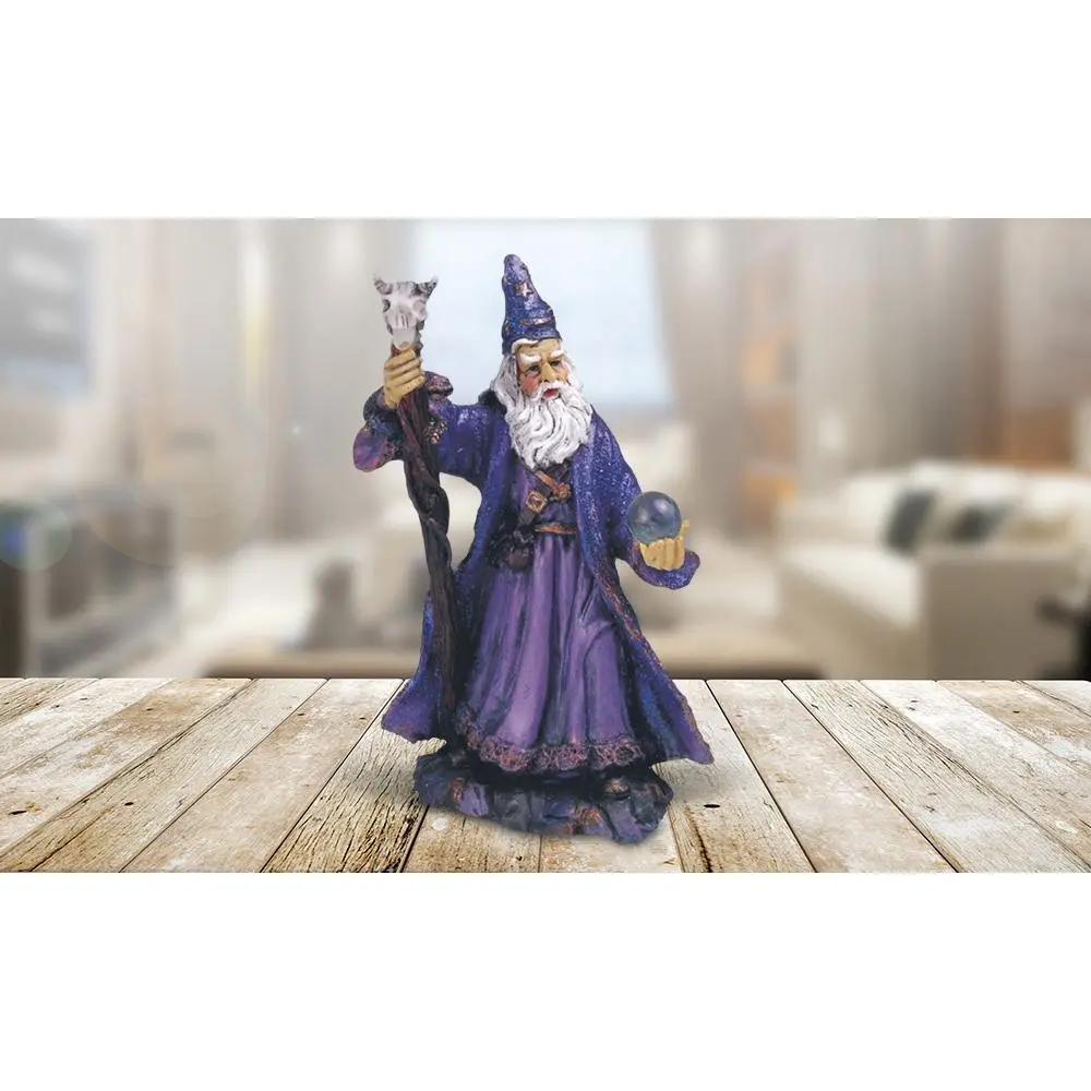 4"H Purple Wizard with Magic Wand and Glass Ball Statue Fantasy Decoration Figurine
