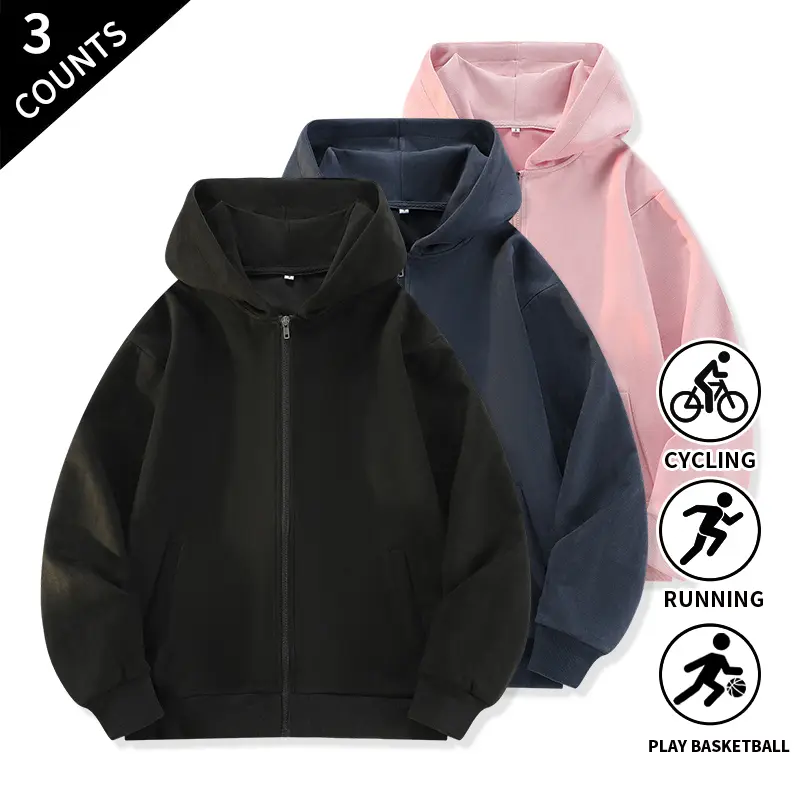 3-Pack Classic Men’s Zip-Up Hooded Sweatshirts, Solid Color Full-Zip Outer Hoodies for Men