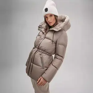 Women's Casual Fashion Adjustable Waist Quilted Mid-Length Dress  Puffer Jacket Coat for Winter Clothes Brown Fabric