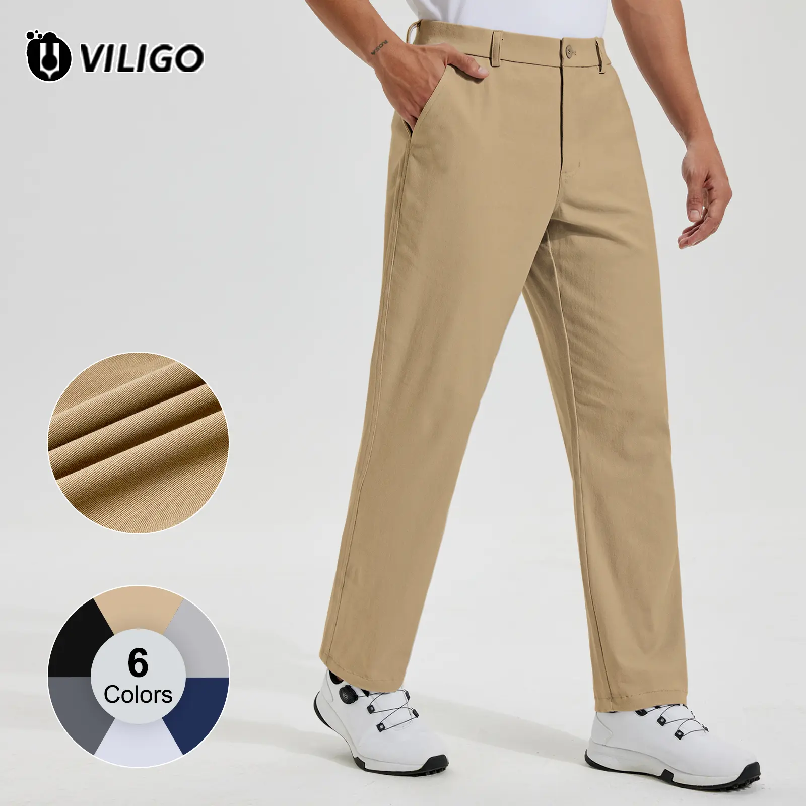 VILIGO Menswear Men's Regular Fit Classic Chino Pants - Soft Plain Stretch Cotton, with Pocket, for Business Casual & Work, Business Work Trousers, Casual Slacks, Natural, Button, Snap, Belt Loops, Cotton Twill, Stretch Fabric, Natural Waist Beige Black,,