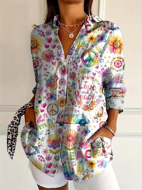 Women's Bohemian Style Printed Long Sleeve Shirt, Vibrant Peace Love Design, Casual Button Up for All Seasons